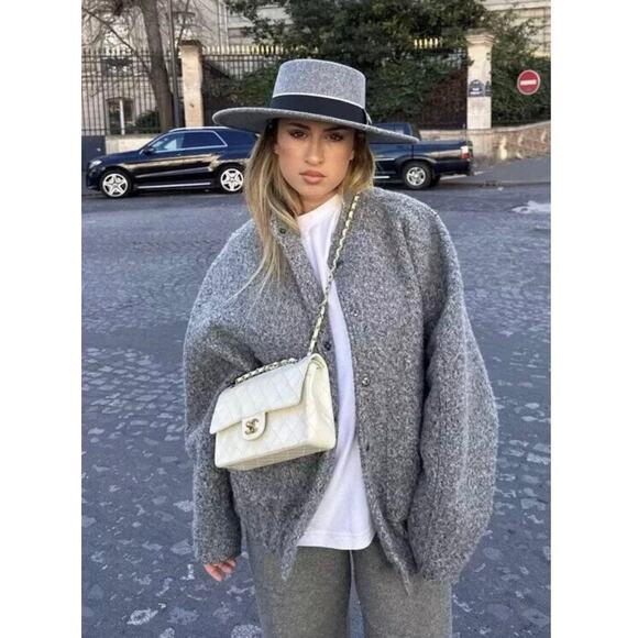 Zara Textured Urban Oversized Bomber Jacket Big Pocket Size M/L In Marl Gray - Picture 2 of 16